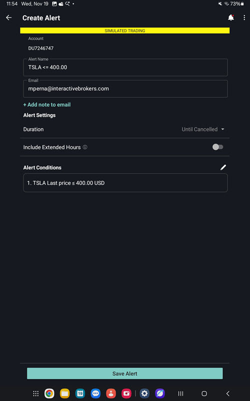 The save alert on the android tablet